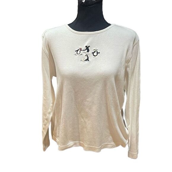 Vintage Penguin Long Sleeve Top Christopher & Banks Embroidered Holiday Shirt L - Picture 1 of 5